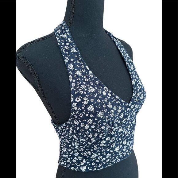 American Eagle Outfitters navy/ cream lined floral halter top with smocked back - Picture 4 of 5